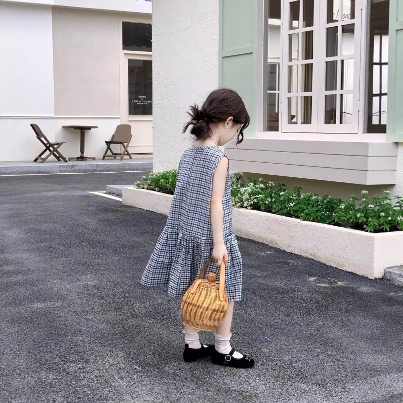 

2026New style girls' dress, stylish little girl's dress, cotton vest, plaid, cool summer style for children