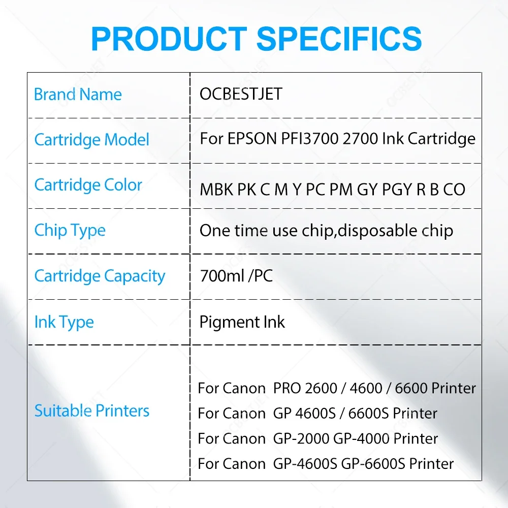 

For Canon PFI-3700 2700 3700 700ML Compatible Ink Cartridge With Pigment Ink For Canon PRO 4600 2600 6600 GP 4600S 6600S Printer