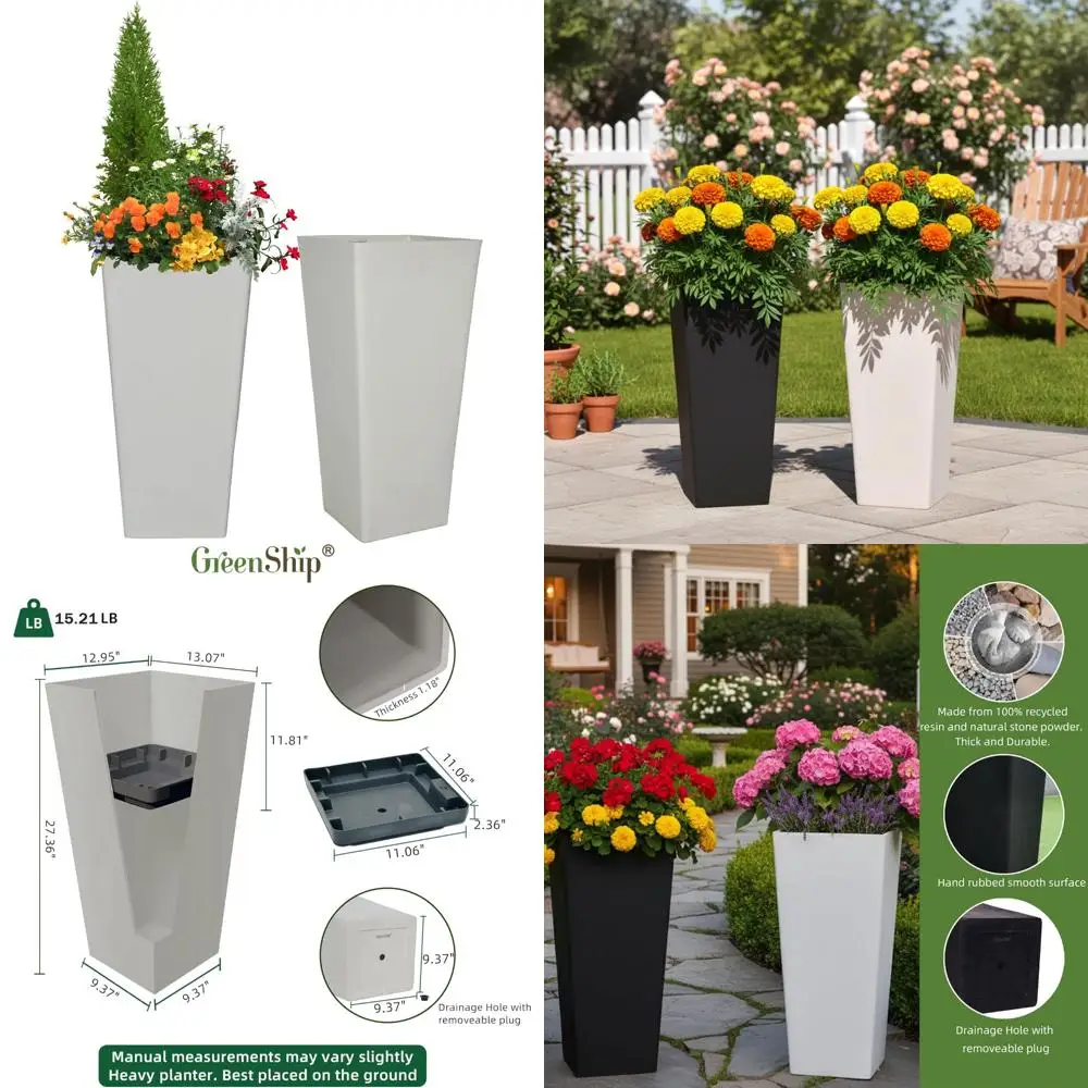 

Large Whitestone Indoor Outdoor Planters Set of 2, 27 Inch Tall with Drainage and Inner Shelf for Flowers and Plants