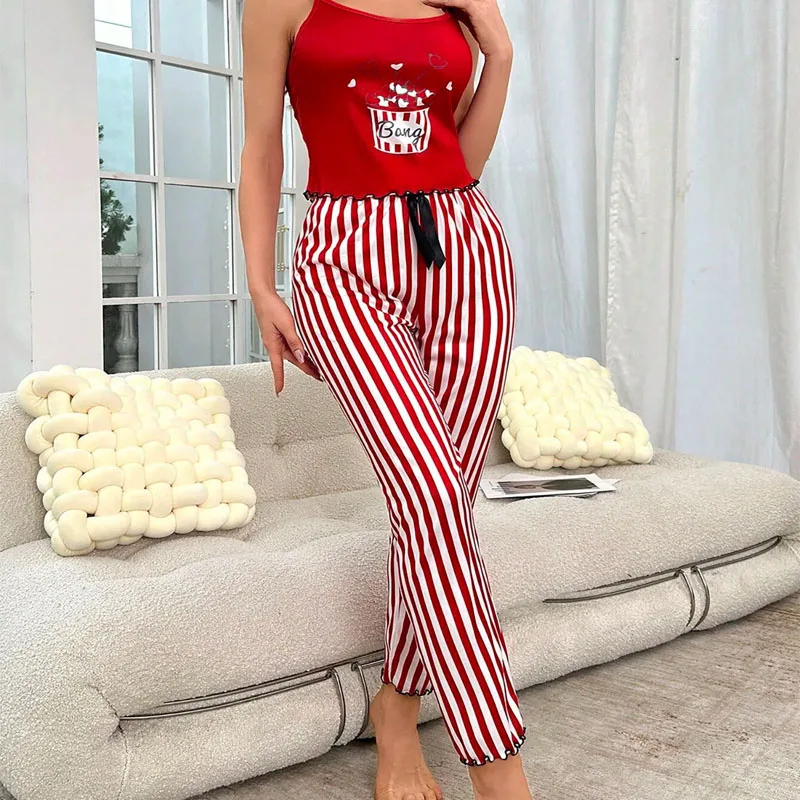 2PCS/Set Homewear Printed Suspender Pants Comfortable Casual Sexy Women Striped Bear Pajamas Plus Size Elastic Waist Loungewear