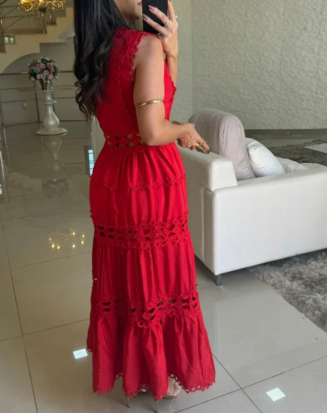Lace Trimmed V-Neck Hollowed Out Sleeveless Dress for Women In Summer, Elegant A-Line Solid Color High Waist Slim Fit Dress