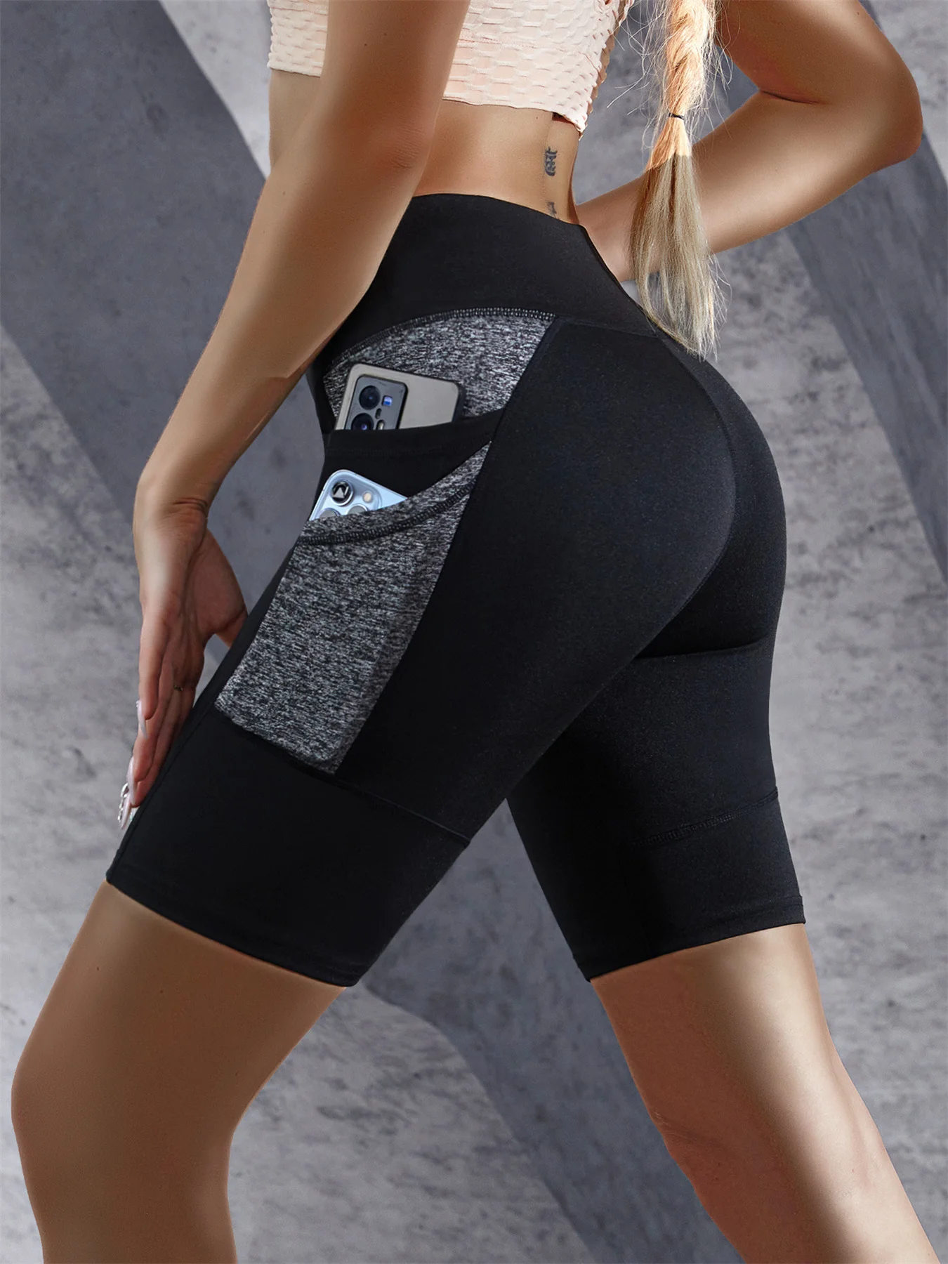 Double Side Pockets Yoga Shorts Colorblocked High Waist Tummy Control Leggings Lift Hips Gym Workout Shorts For Women