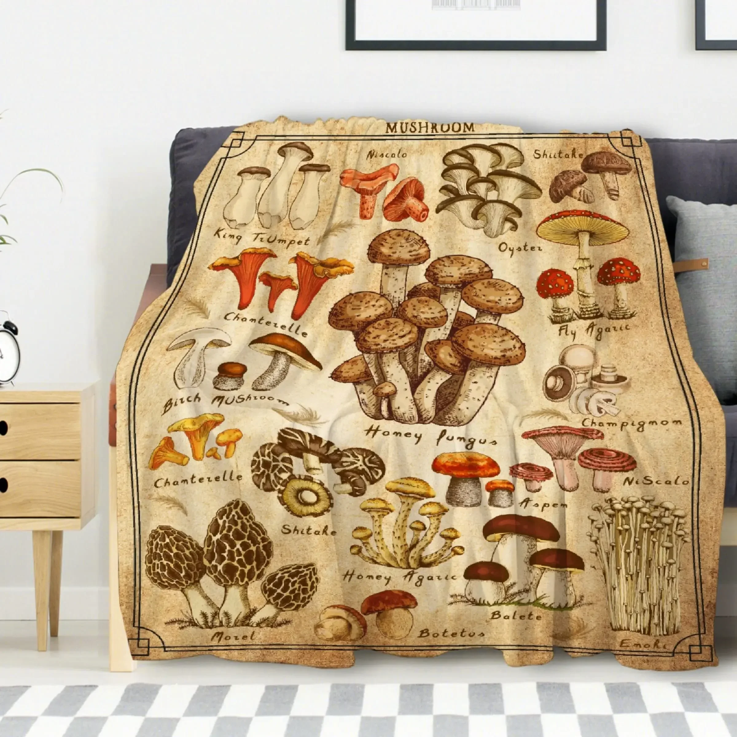 Vintage Botanical Mushrooms Blanket Retro Illustration Throws Blanket Fungus Botanical Plants Weed Plush Soft Flannel Blankets