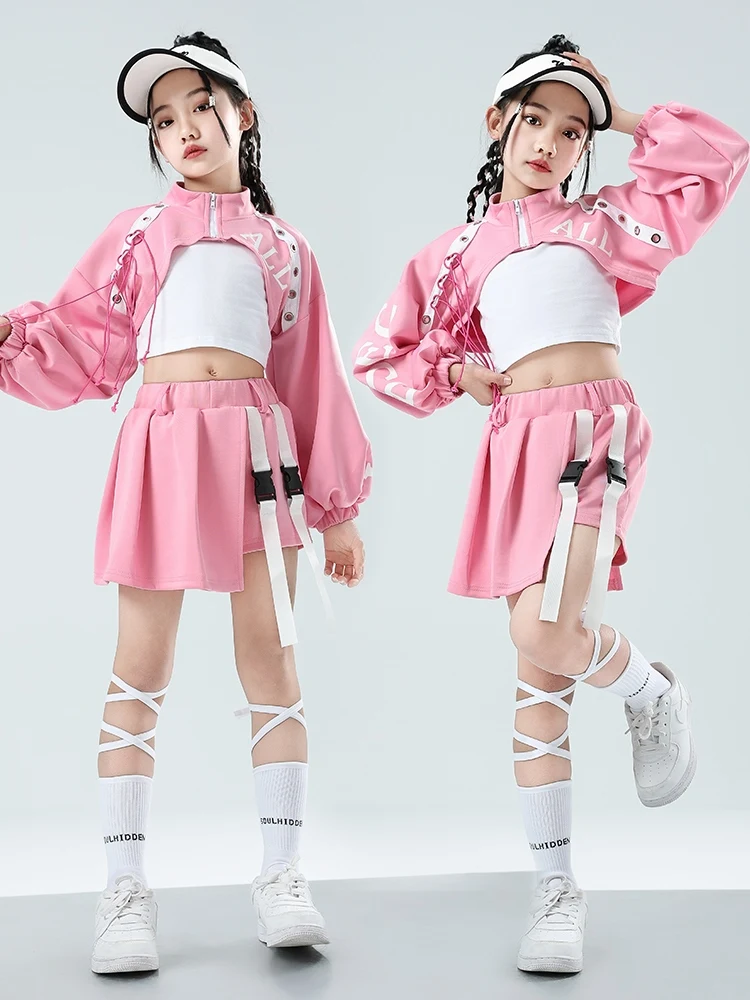 2024 Pink Jazz Dance Costume Girls Kpop Group Hip Hop Performance Clothes Crop Tops Skirt Shorts Kids Concert Stage Wear BL12566