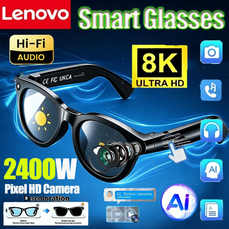 Óculos Inteligentes Lenovo 8K 2400MP para Homens e Mulheres com Chamadas Sem Fio, Chat AI, Tradução AI, Registro, Reprodução de Música e Óculos de Sol Inteligentes
