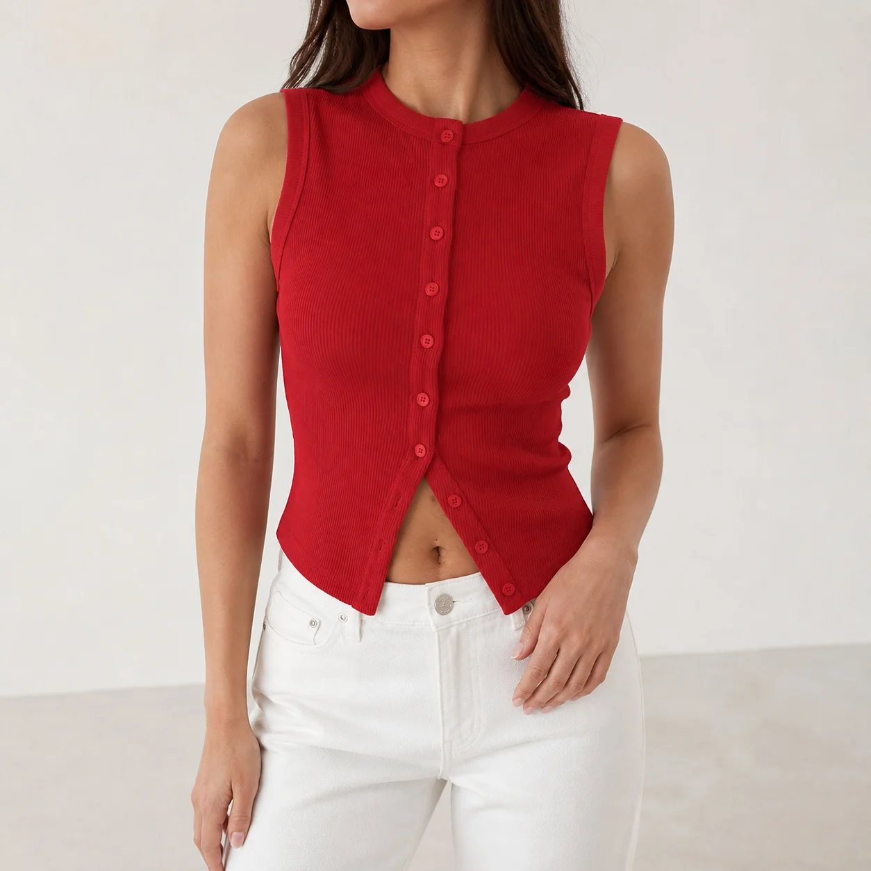 Women's Y2K Tank Top Slim Fit Ribbed Solid Color Round Neck Cotton Nylon Summer Button Detail Female Clothing Woman Clothes