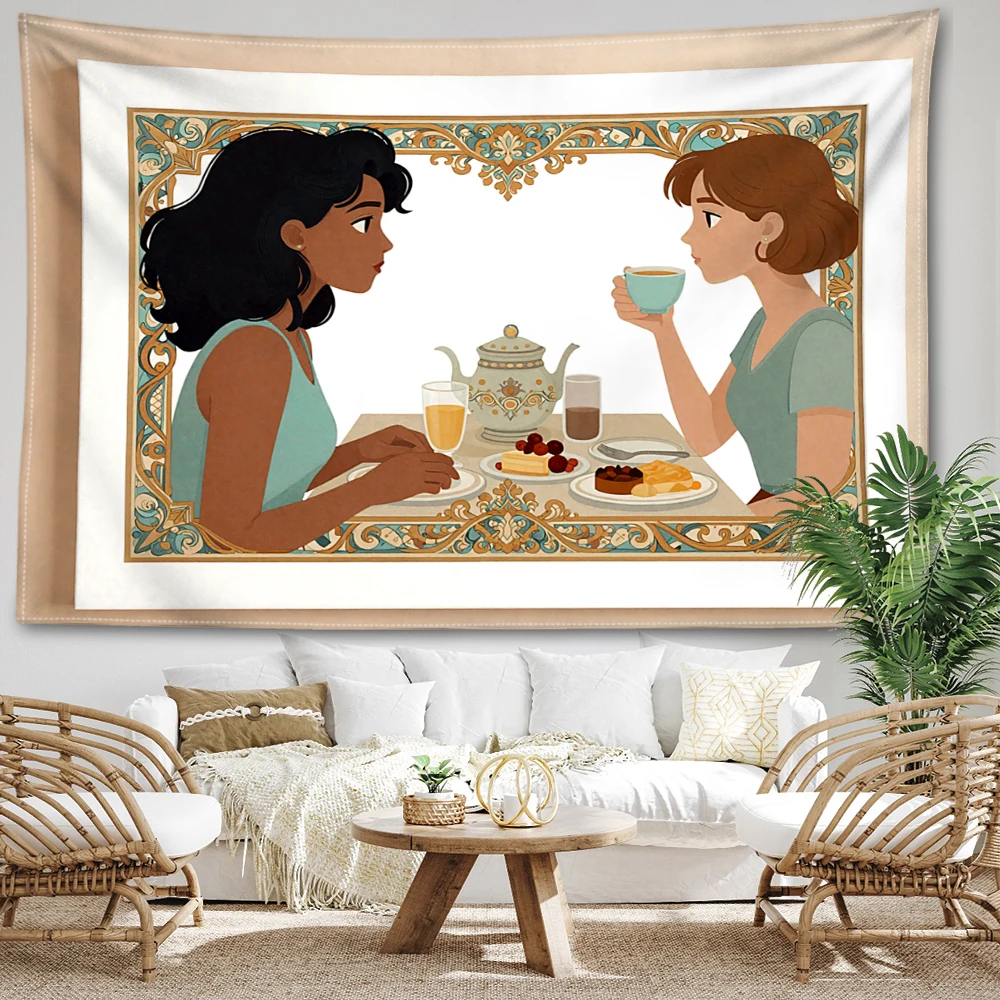 Vintage Frame Tea Time Dessert Teaware Figure Printed Tapestry Wall Hanging Bohemian Style Bedroom Home Decor