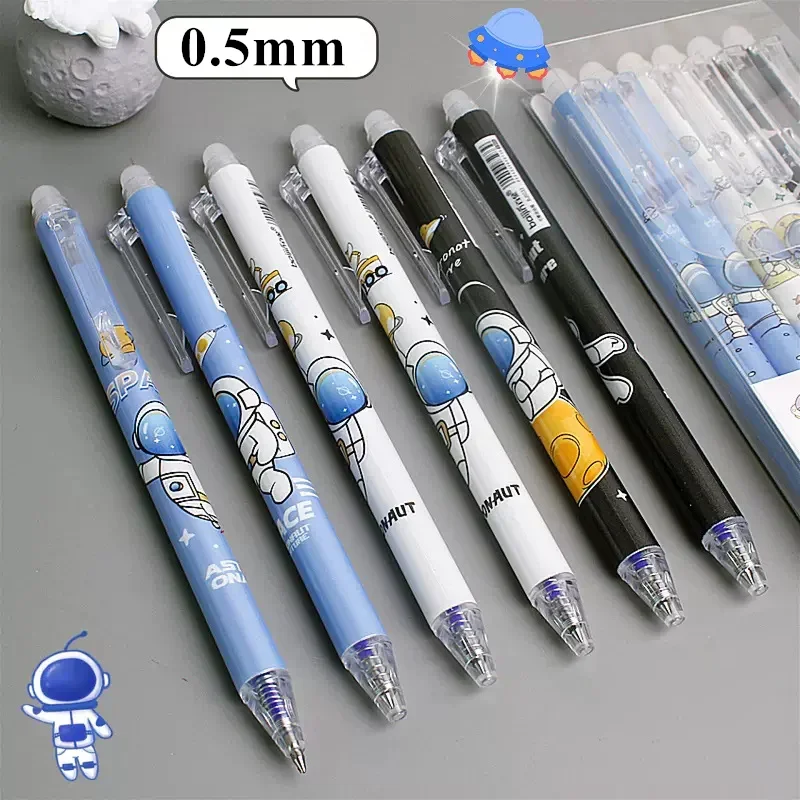 Kawaii Astronaut Press Erasable Gel Pens Refills Set with Eraser 0.5mm Black Blue Ink Boys Students Writing Supplies Stationery