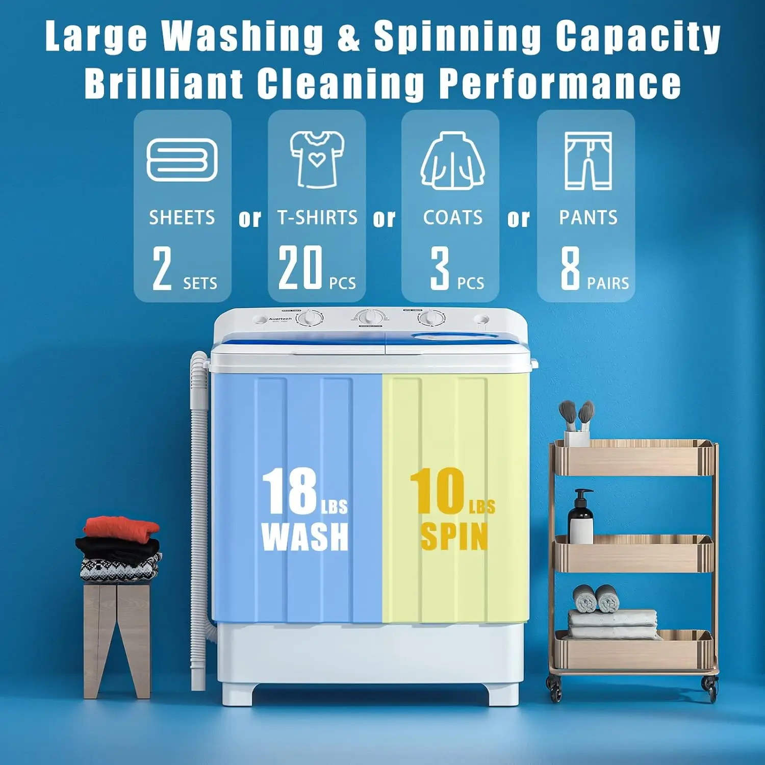 Washing Machine, 28lbs Twin Tub Washer Mini Compact Laundry Machine with Drain Pump, Semi-automatic 18lbs Washer 10lbs Spinner