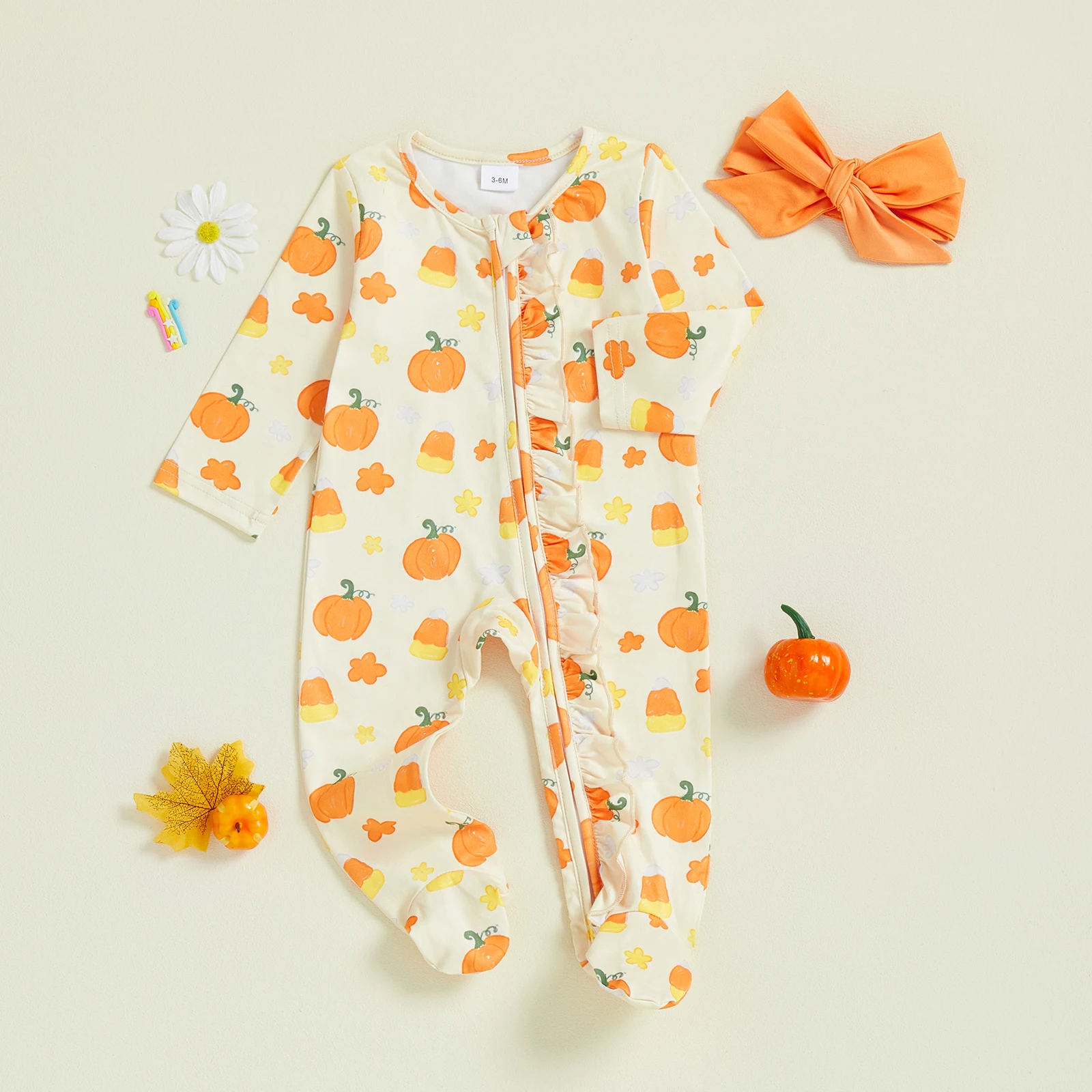 

Halloween Baby Girl Romper Pumpkin Flower Long Sleeve Footed Romper and Headband 2 Piece Fall Set