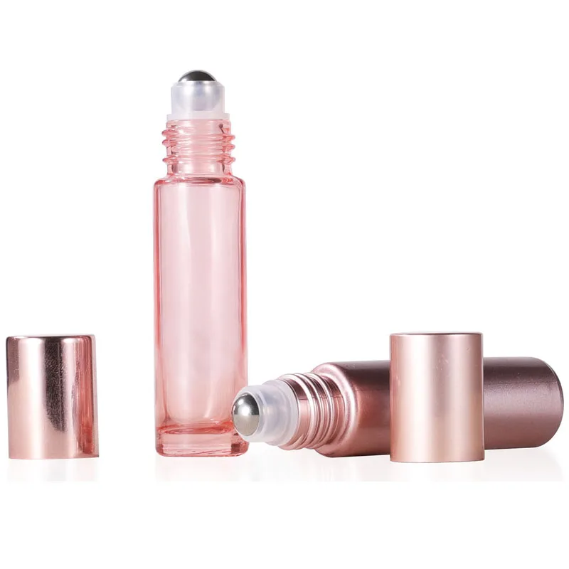 12X 24X 5ML 10ML หนา CLEAR Rose Gold สีชมพูแก้วน้ํามันหอมระเหยม้วนบนขวดลูกกลิ้งโลหะสําหรับน้ําหอมน้ํามันหอมระเหย