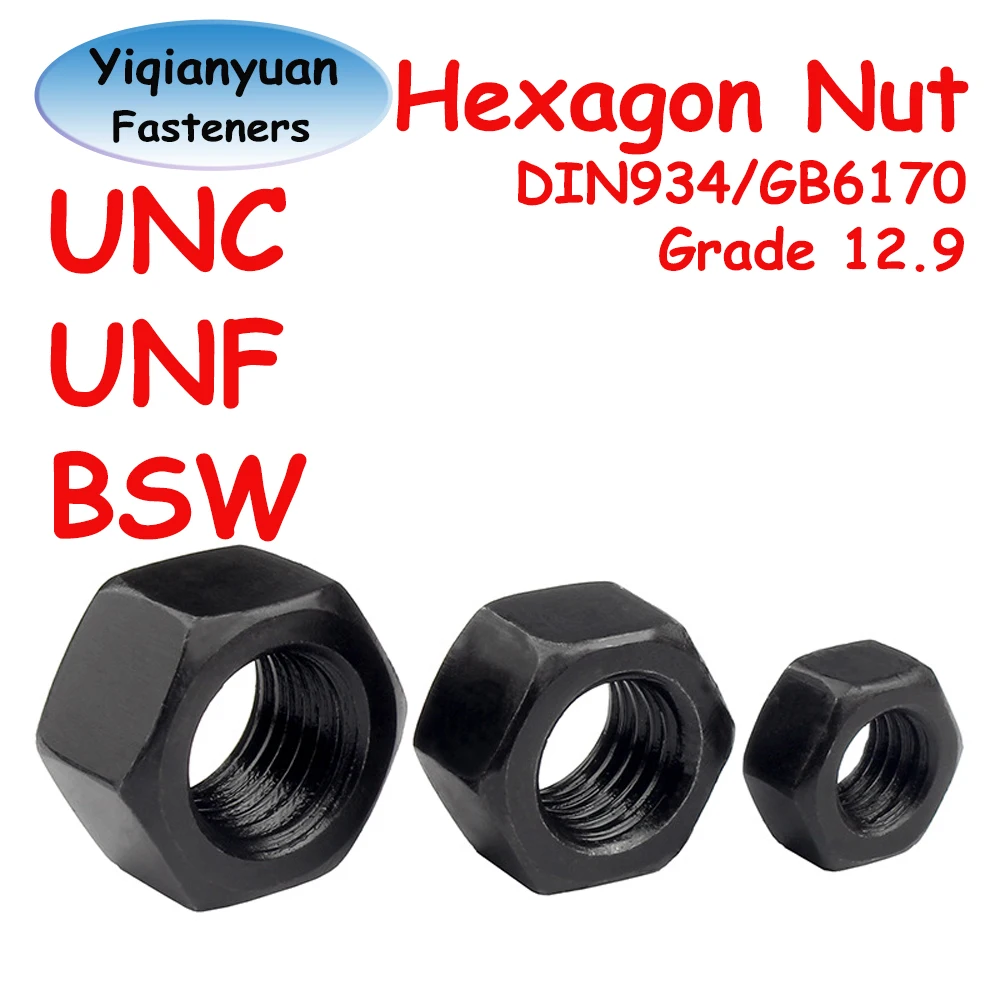 Yiqianyuan DIN934 GB6170 UNC UNF BSW Thread 1/4'' to 7/8'' Hexagon Nuts Carbon Steel Black Oxide