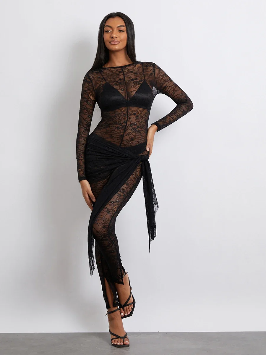 New See-Through Lace Sheer Jumpsuits Women's Sexy Long Sleeve Crew Neck Tie-up Long Rompers Slim Fit Fall Clubwear Outfit