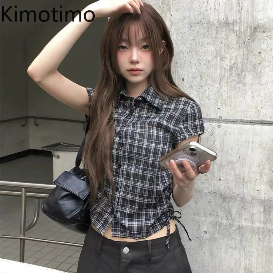 Kimotimo Vintage Plaid Short Sleeve Blouse Women Summer Fashion Slim Waist Drawstring Crop Top Y2k Aesthetic Spicy Girl Shirts