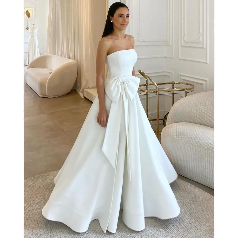 Robe de mariée élégante sans bretelles pour femmes, robe trapèze, robes longues éducatives, fente au sol, nœud plissé, traîne de balayage, occasion formelle