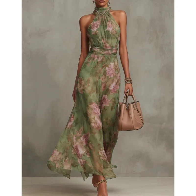 Groene bloemenprint halter maxi jurk voor dames, mouwloos, hoge hals, gerimpelde taille, chiffon, zwierige avondjurk voor feestjes - afbeelding 2
