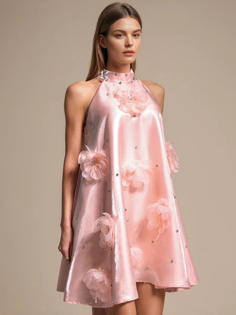 Elegant Pink 3D Floral Prom Evening Dress Luxury Backless Halter Short Dress Round Neck Loose Party Off Shoulder Party Dress