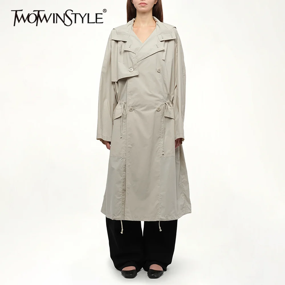

TWOTWINSTYLE однотонные двубортные модные тренчи для женщин с лацканами и длинными рукавами в стиле пэчворк, женский Тренч на шнурке, новый