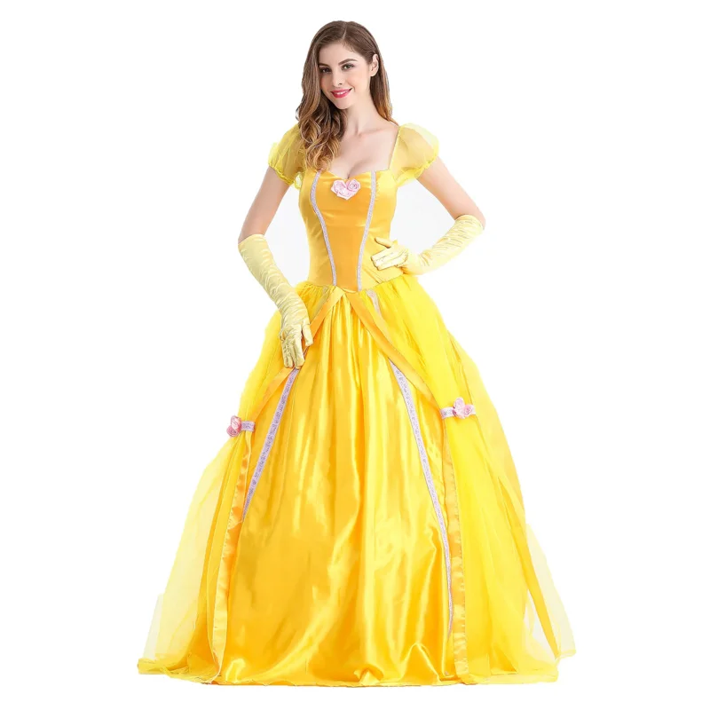 Halloween Beauty And The Beast Yellow Princess Dress Adult Belle Costumes Cosplay Party  Masquerade Bell Court Queen Roles Suit