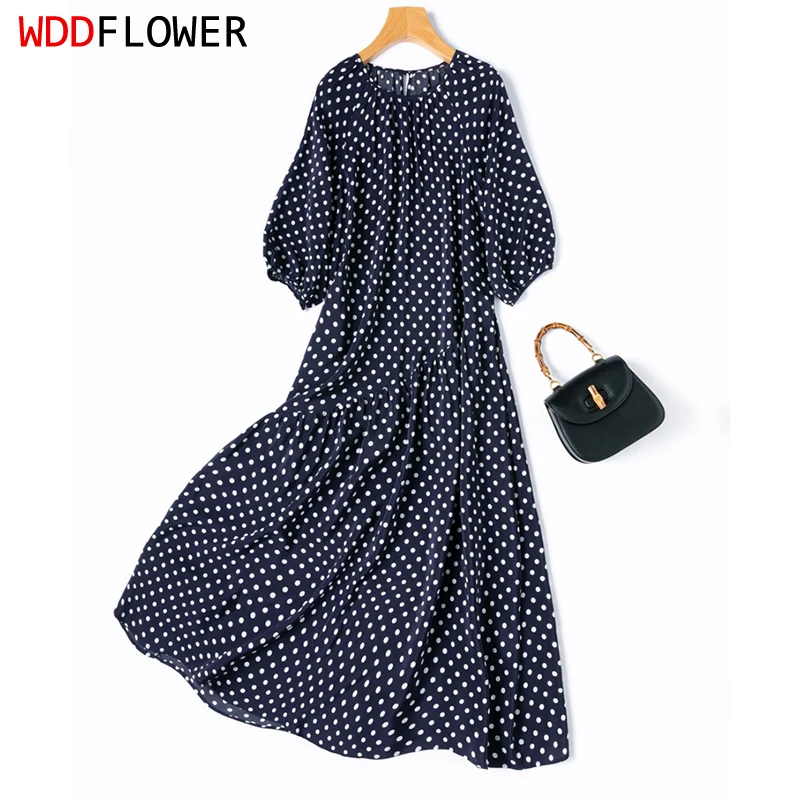 

Women Silk Midi Dress 100% Mulberry Silk Navy Dots Printed Round Neck Short Sleeve Slit Big Hemline Long Type Dress M L M1366