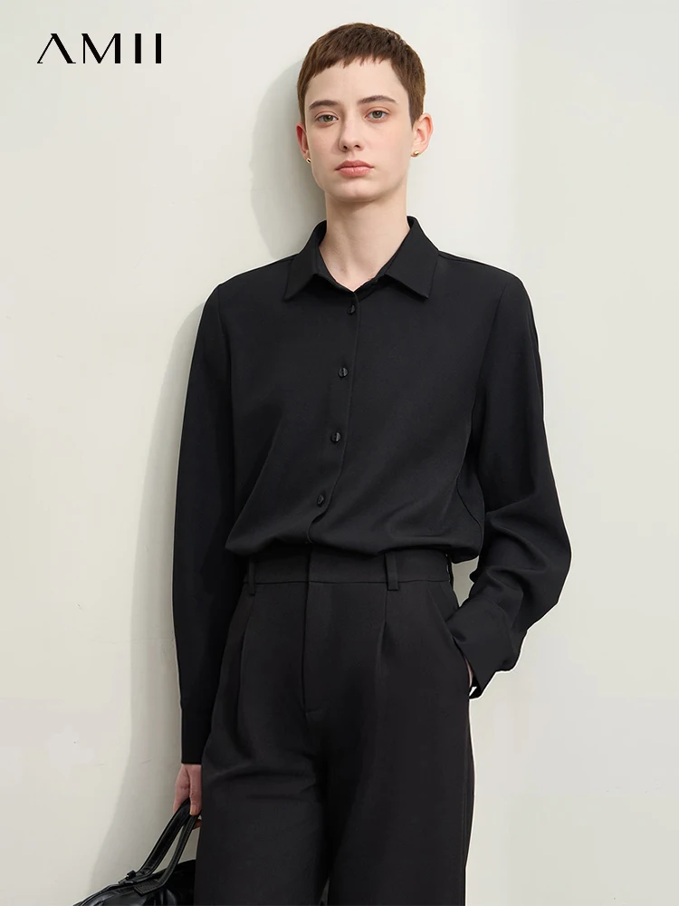 

Amii Minimalism Shirts For Women 2024 Autumn New Simple Basic Lapel Loose Long-sleeve Curved Hem Solid Shirts & Blouses 12443129