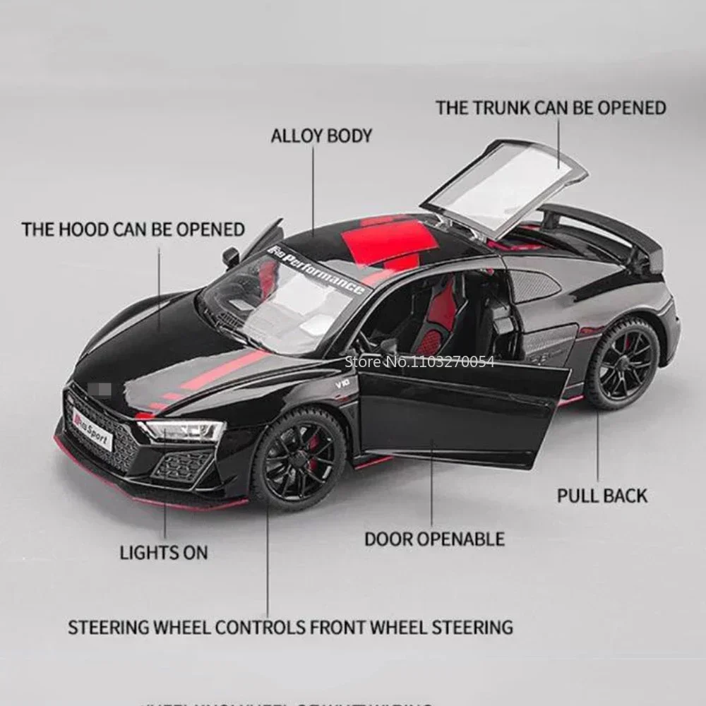 1/24 R8 V10 다이캐스트 금속 합금 장난감 모형 자동차 시뮬레이션 컬렉션 사운드 및 라이트 후진 기능 정교한 인테리어 차량