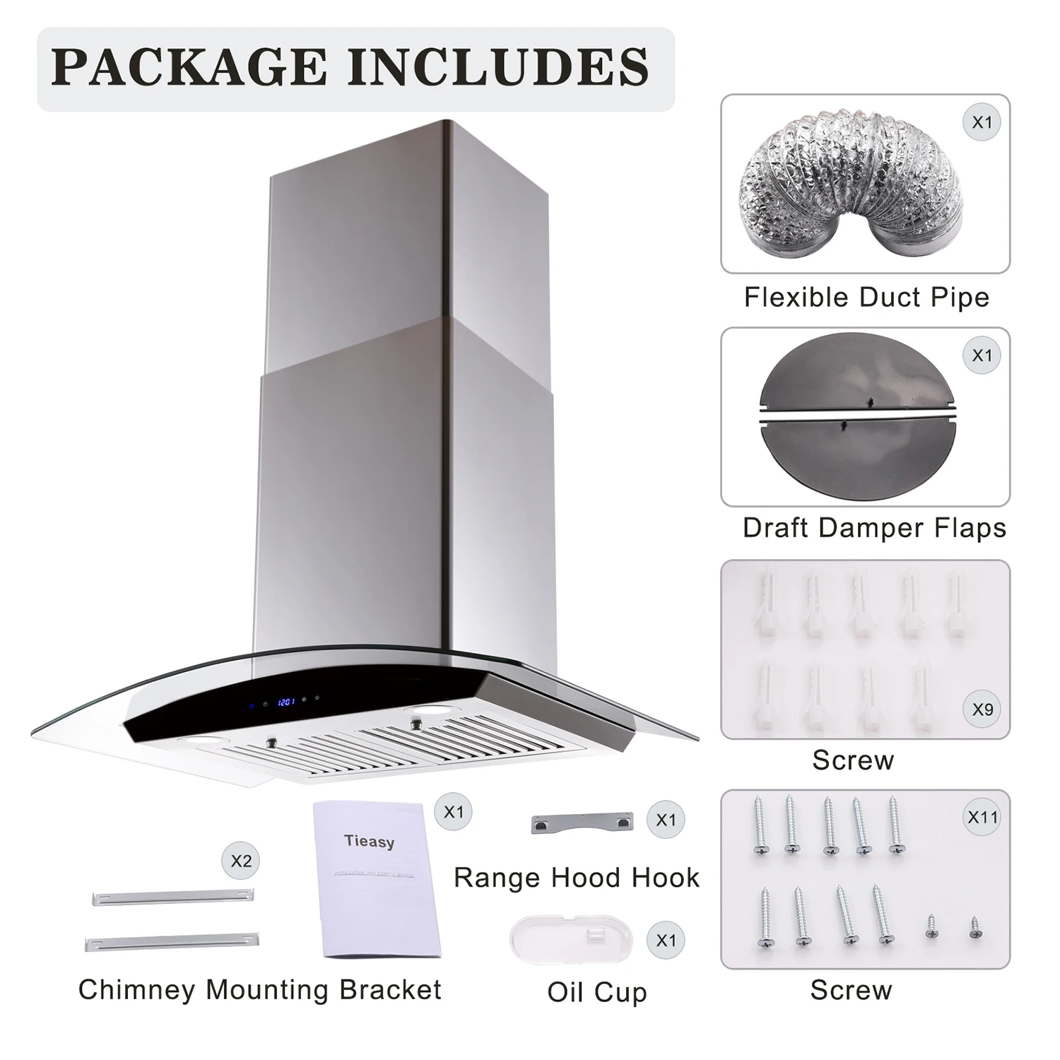 Tieasy 30 Inch 700 Cfm Glazen Aanraakknop Met Led-Lampjes Roestvrijstalen Keukenafzuigkap Usgd1875b