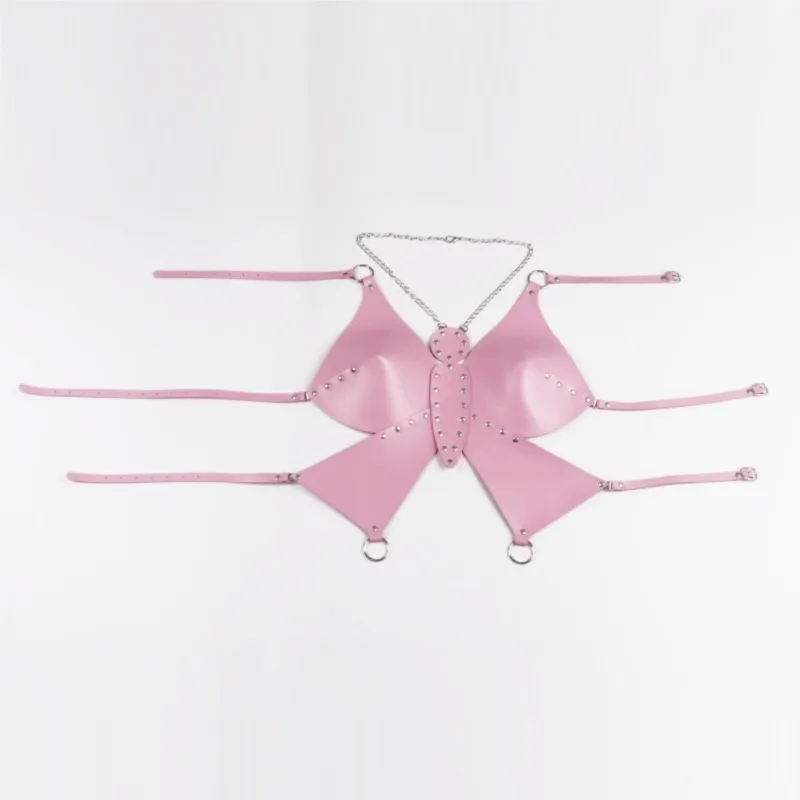 Women Pink Faux Leather Butterfly Lingerie Rivet Chain Halter O-ring Body Harness Adjustable Cosplay Party Costume Crop Top