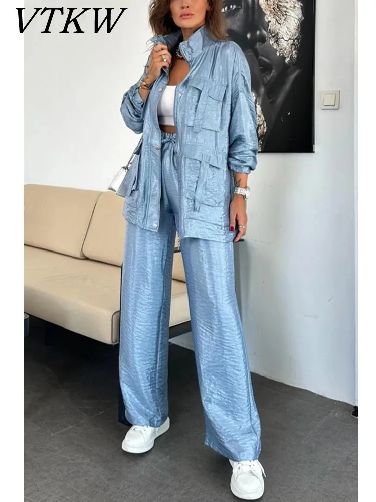 

VTKW Solid-color High-neck Jacket Set With Multiple Pockets, 2025 New Style With Drawstring, Women's Sports Outfit