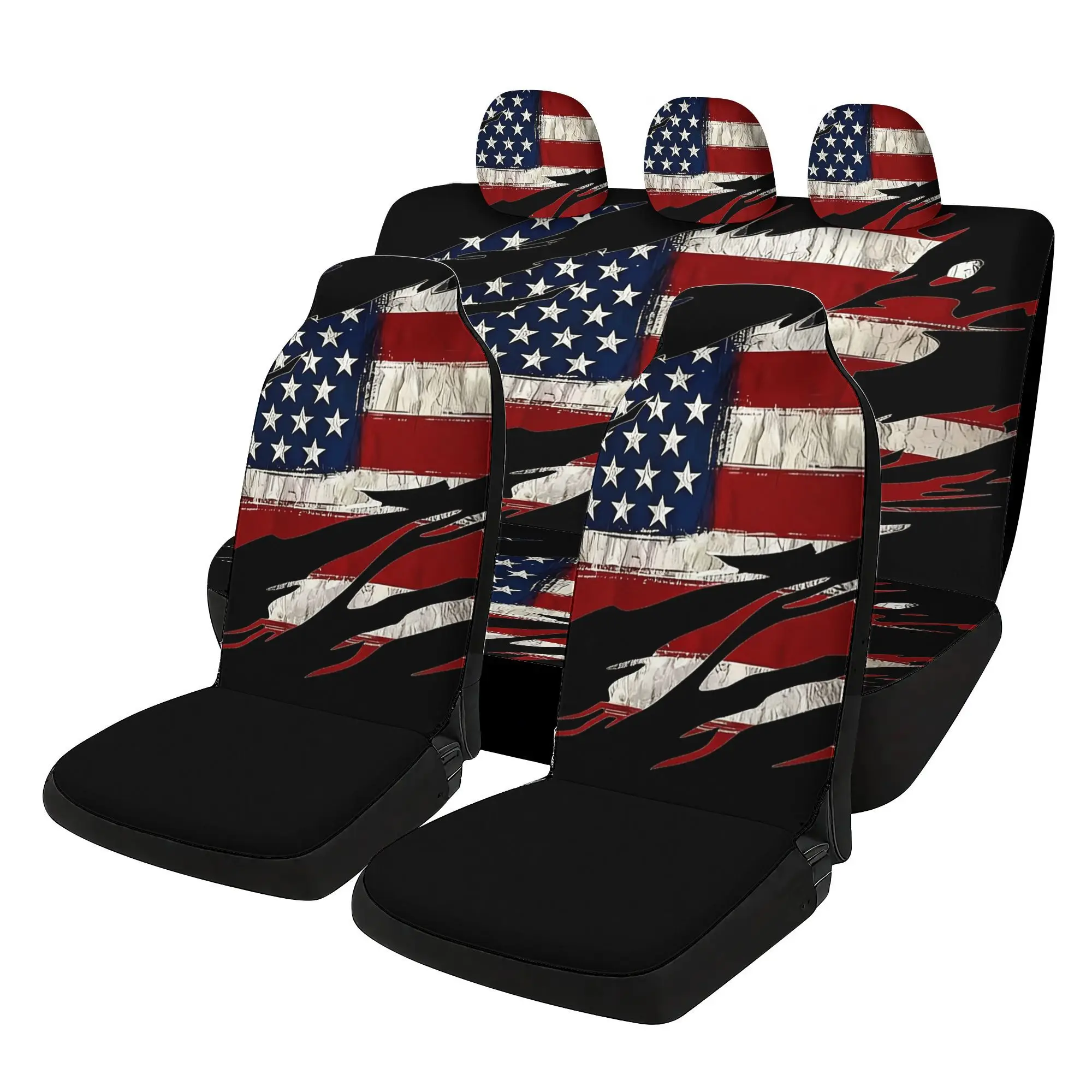 Torn Style Stars And Stripes Five Seater Car Seat Cover Complete Set Of Accessories, Two Front Seats, Three Hats, One Seat Cushi