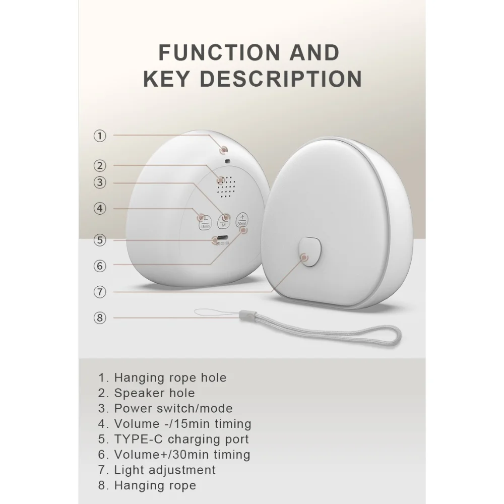 ضوء ليلي محمول مع 10 ضوضاء بيضاء طبيعية - آلة صوت للنوم للحضانة وغرفة النوم والاسترخاء والشحن من النوع C والمؤقت