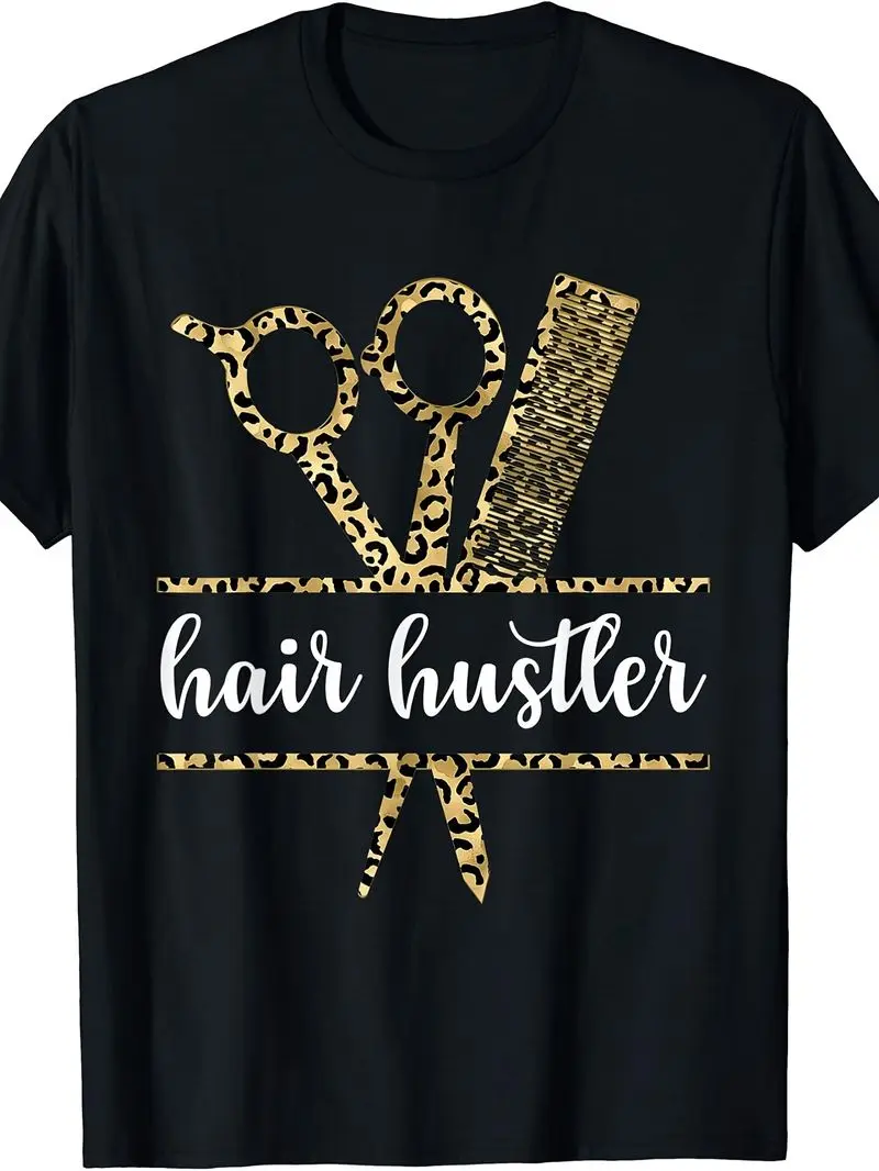 Hairstylist Hairdresser Hair Hustler Leopard Scissors T-Shirt Funny Gift For Salon Stylists And Hair Lovers Casual Tee Top