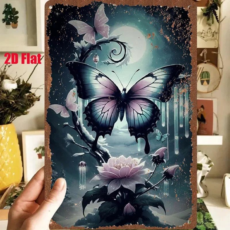 2D Flat - A 1pc 2D [Flat] Metal Sign Measuring 8X12 Inches / 20X30 Cm Features a Dreamy Butterfly Dancing Under The Moonlight, S