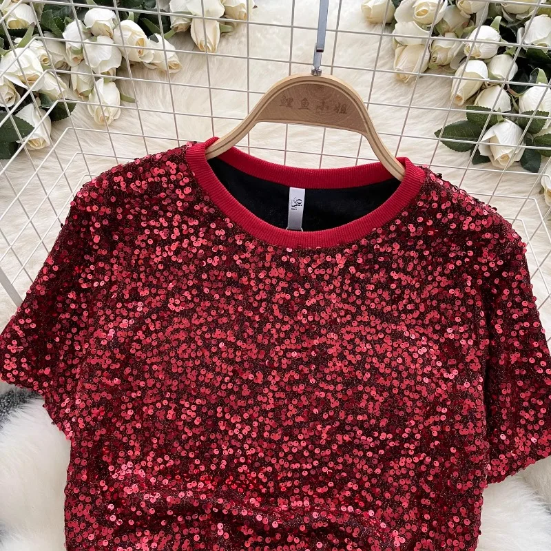 Vintage Glitter Sequin Short Sleeve O Neck Short T-shirt Slim Elegant Fashion Office Lady Crop Top Sexy Spring Autumn Women Top