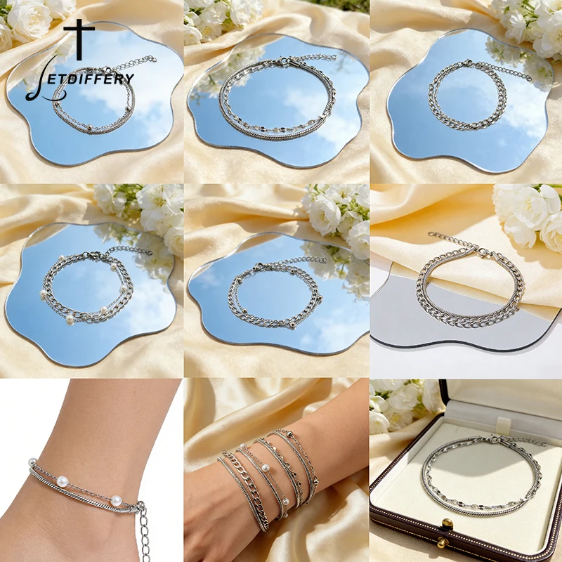 Letdiffery Stainless Steel Layered Bracelet Pearls Charm for Women Girls Fashion Bangle Wrist Jewelry Party Birthday Gift