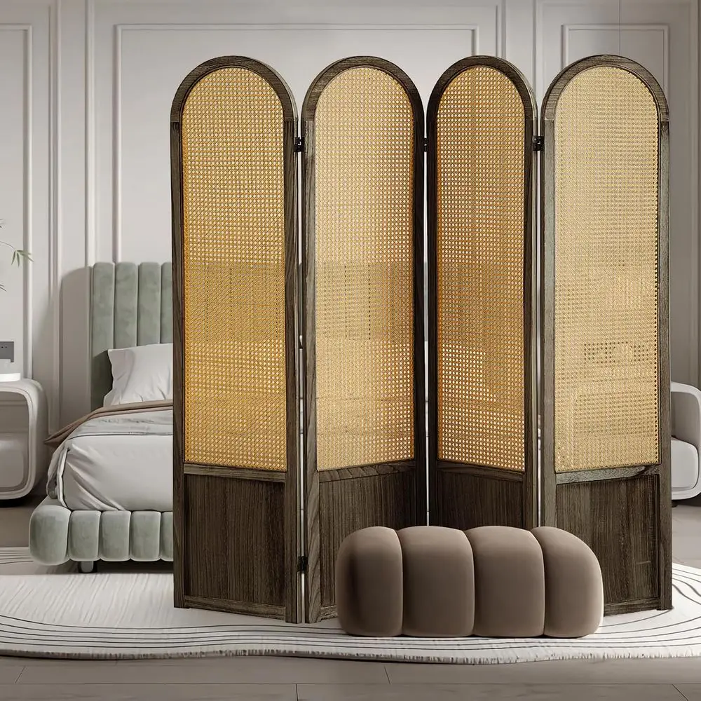 

4-панельные перегородки для комнат, экраны конфиденциальности из ротанга ручной работы, двунаправленный шарнир, предварительно собранный деревянный перегородка для дома или офиса, Br