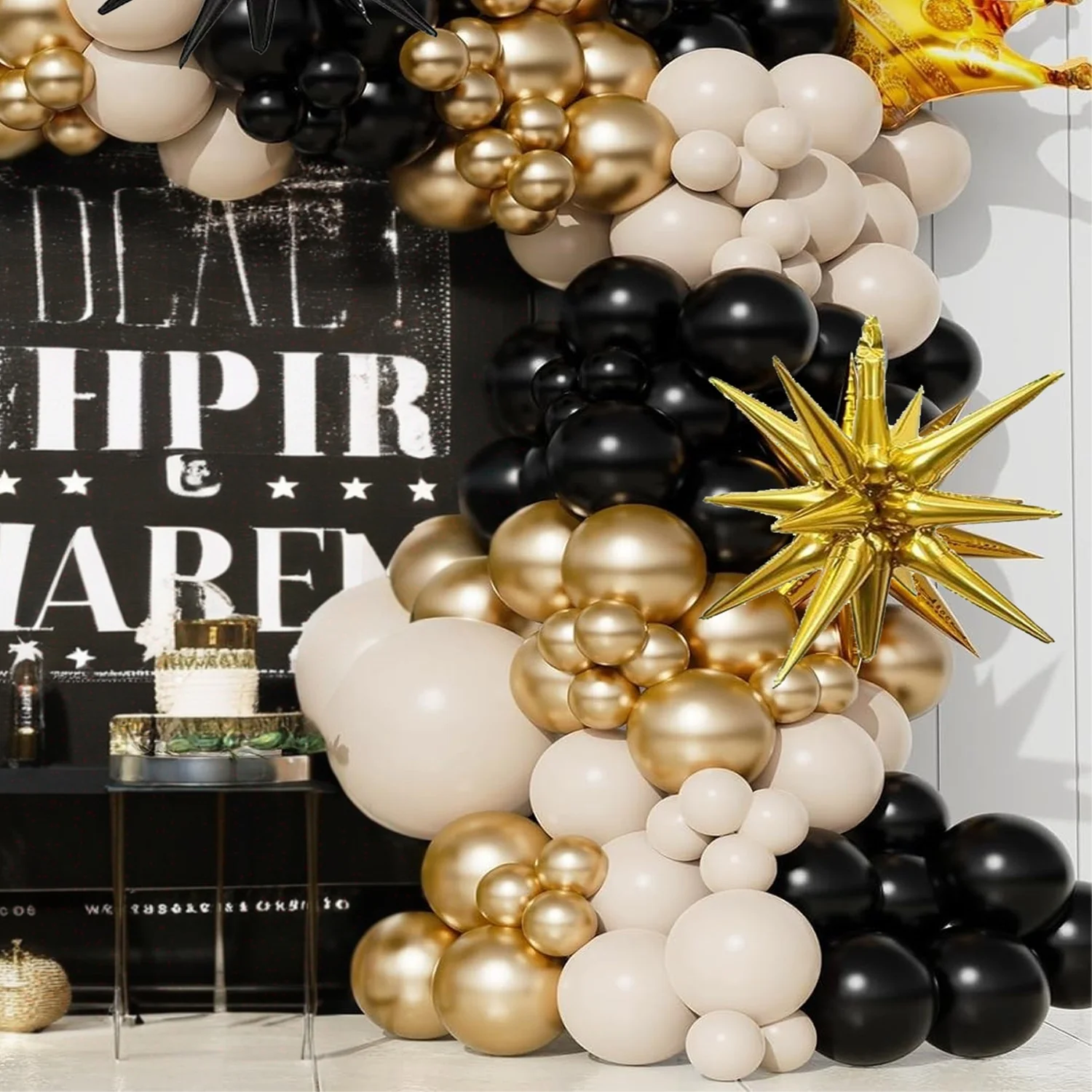 123Pcs Black and Gold Balloons Garland Arch Kit Latex Balloons Starburst Foil Balloon for Birthday Anniversary Party Decorations