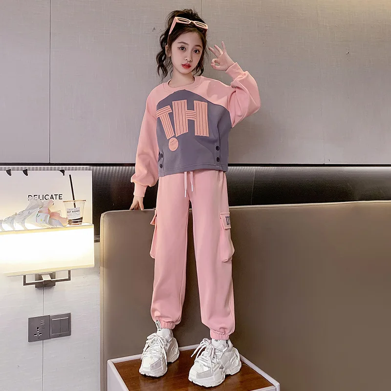 

Sweet Girls' Causal Sets Sweatshirts Pullover Long Sleeve Loose Cargo Pants Two Pieces O-Neck 2024 Spring Autumn Sport 5-14 Yrs