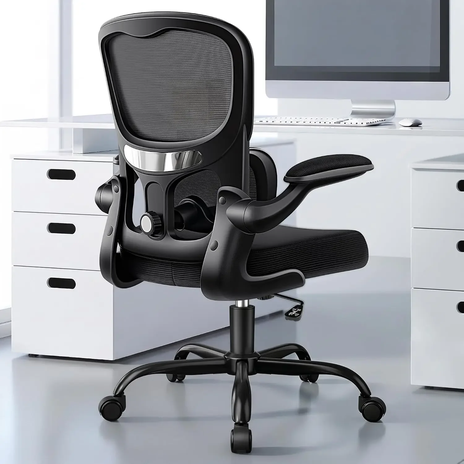 ALLGOD Ergonomic Office Chair, Breathable Mesh Ergonomic Desk Chair with Adjustable Lumbar Support, Flip-up Armrests, Computer Chairs Comfortable for Home, Office, Work, 300lbs, Black, Upgrade