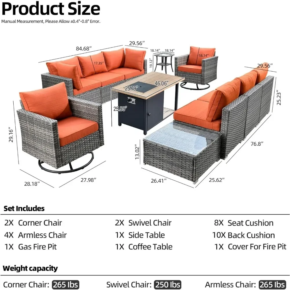Juego de muebles de mimbre para exteriores, sillas deslizantes giratorias seccionales con fogatas, 11 piezas