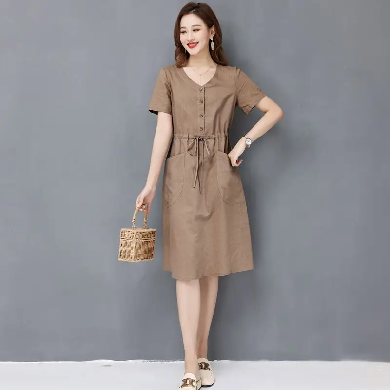 Elegant Cotton and Linen Women's Dress Draw String High Waist Breathable Midi Dresses Half Sleeve V-Neck A-Line Dress Summer