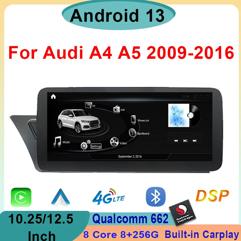 Android 13 8+256G For AUDI A4 A5 B8 2009-2016 Carplay Multimedia Player GPS Navigation Auto Radio Car Intelligent System MMI 4G