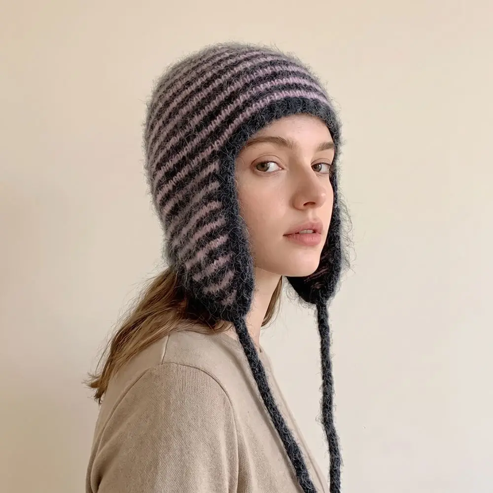 Cute Korean Style Earflap Hat Plush Solid Color Knitted Hat Cold Proof Thicken Knit Cap Apparel Accessories