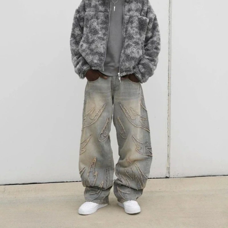 QWEconvex-Jean Baggy Vintage pour Homme et Femme, Pantalon en Denim, Broderie, Jambes Larges, Style Rétro Américain, Hip Hop, Streetwear, Fjk, Harajuku, Y2K