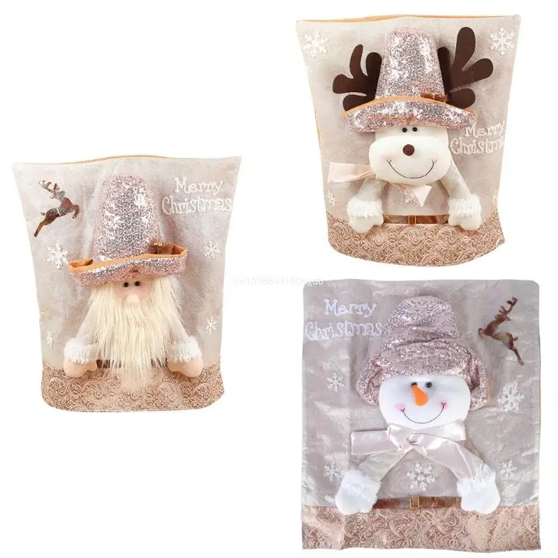 Snowman Reindeer Santa Hat Chair Cover, Soft Flannel Chair Slipcovers for Christmas Dining Room Embellishment Dropship