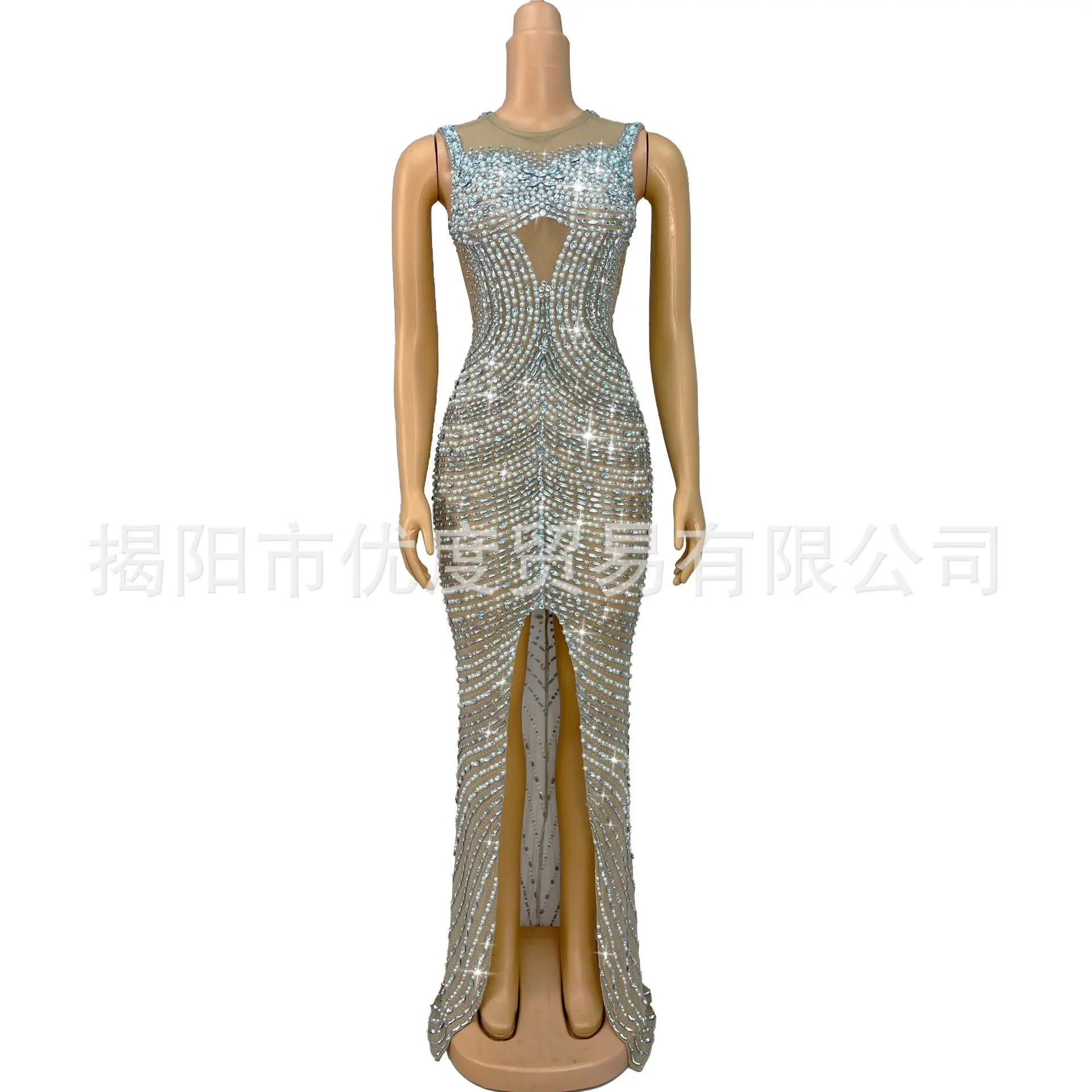 Luxury Niche Silver Rhinestone Mesh Perspective Split Elegant Cocktail Dress Performance Dress Double Hook Skirt Vestido De Gala