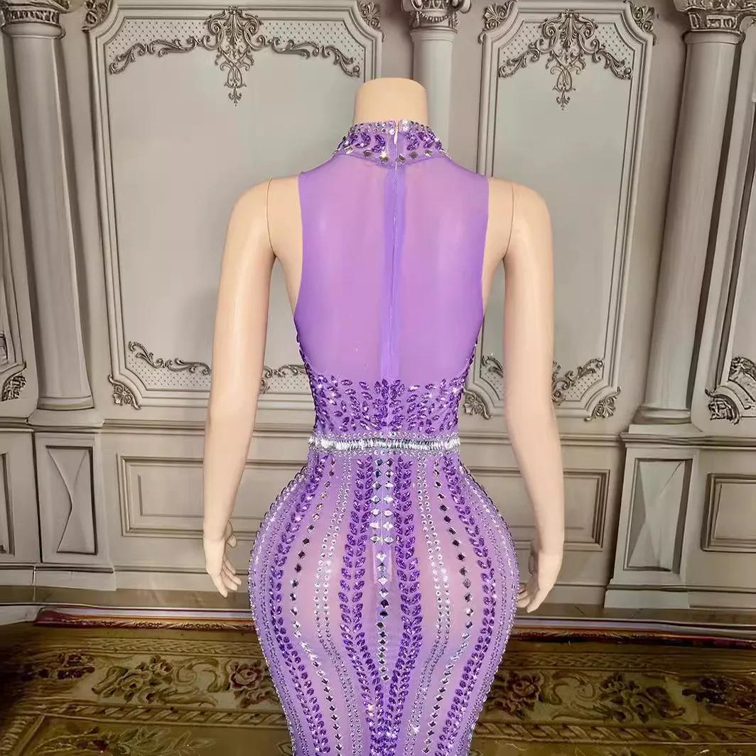 Abito da festa lungo senza maniche di grandi dimensioni con strass argento lucido sexy - Collo a coda di pesce, abiti decorati con cristalli di design avvolgente sui fianchi