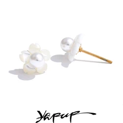 Yhpup Wholesale Thick Shell Simulated Pearls Flower Stud Earrings Daily Trendy Chic Style Stainless Steel Jewelry 2025