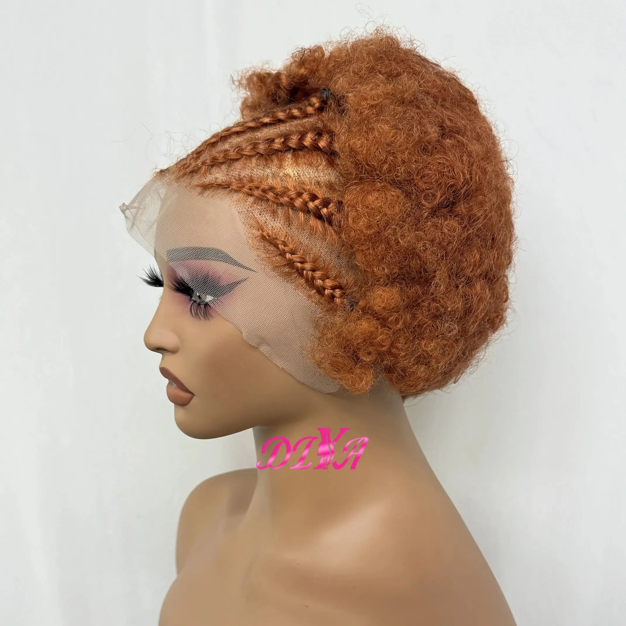 13x4 Transparent Lace Frontal Wig 250% Density 350# Ginger Afro Bouncy Kinky Curly Human Hair Wig with Braids for Black Women