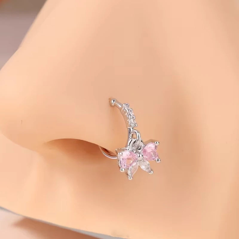 1Pc Pink CZ Butterfly Bow Pendant Nose Clip, Non Piercing Fake Nose Ring, Anti Allergic Body Jewelry for Women